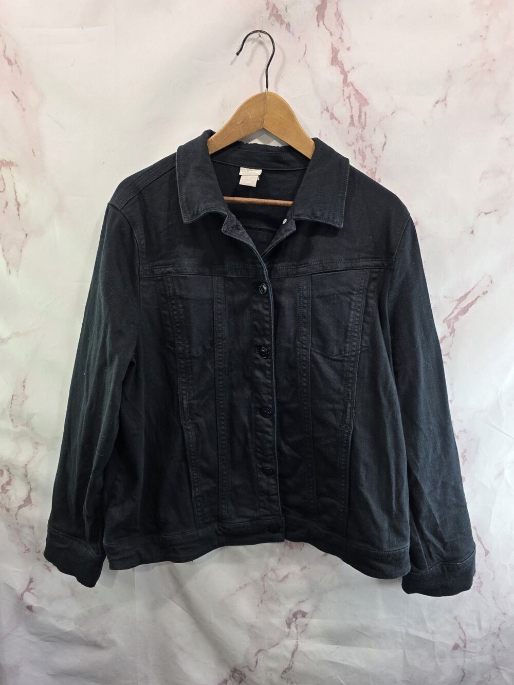 Chicos Jacket Womens XL 3 Black Denim Jean Stretch Button Trucker Shacket
